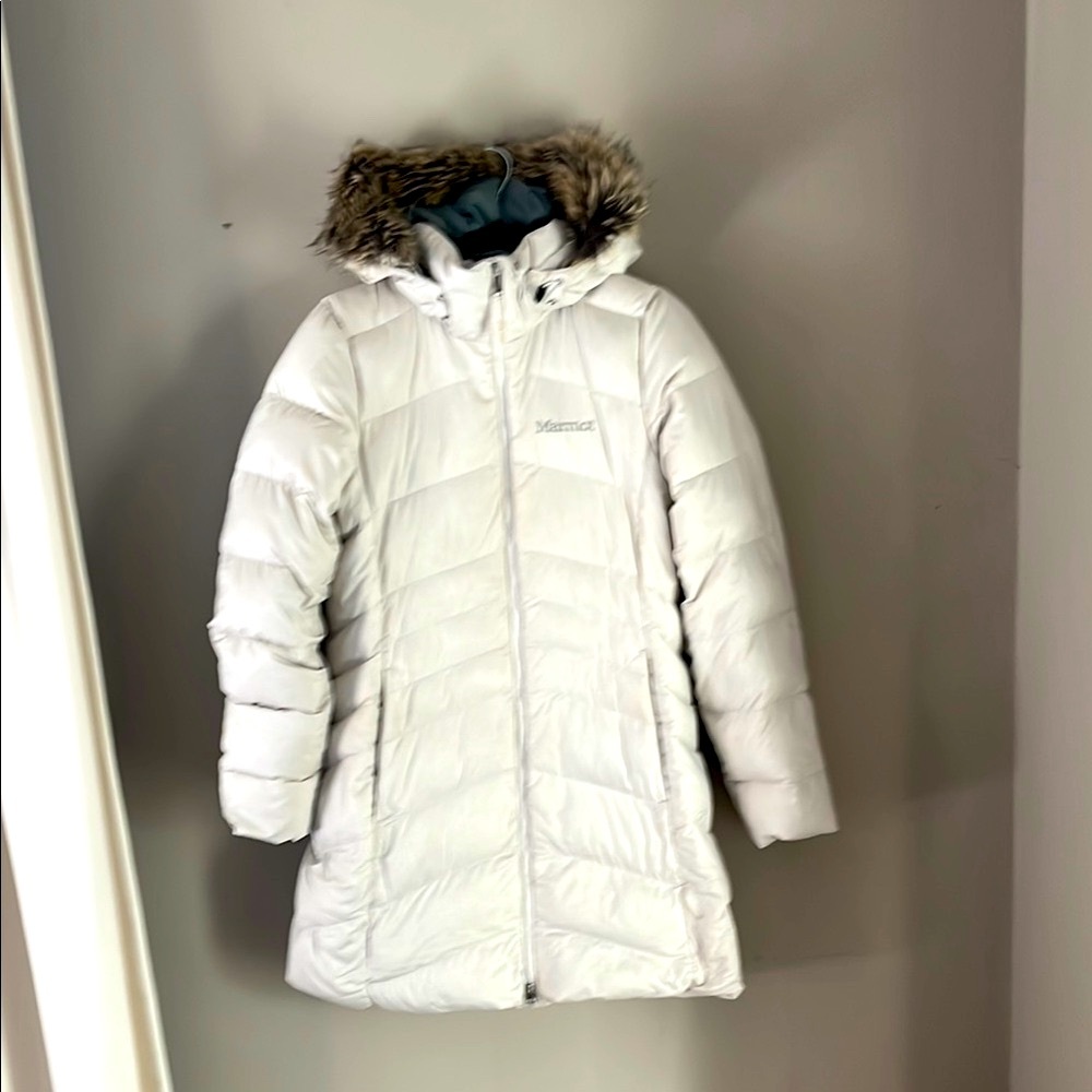 Marmot White Puffer Coat with Fur Hood